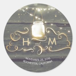 Pegatina Redonda String Lights Mason Jar Rustic Wood Initials