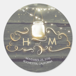 Pegatina Redonda String Lights Mason Jar Rustic Wood Initials