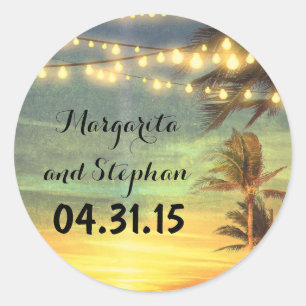 Pegatina Redonda String Lights Palms Beach Sunset Boda