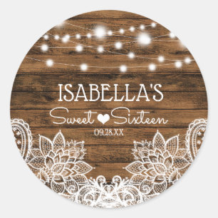 Pegatina Redonda String Lights Wood and Lace Sweet 16 Gracias