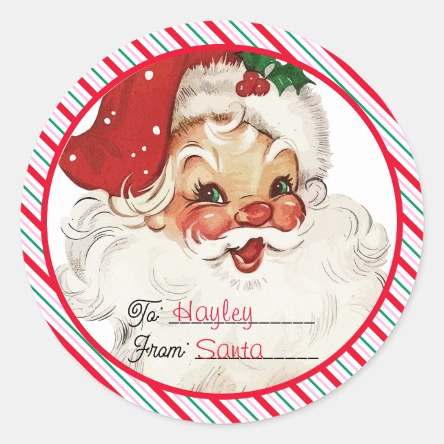 Pegatina Redonda Stripe festivo de Santa Gift (Anverso)