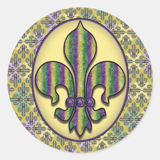Pegatina Redonda Stripe Mardi Gras Fleur de lis (Anverso)