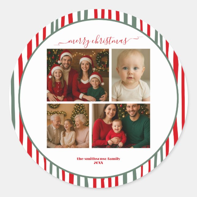 Pegatina Redonda Stripes four family Photo merry Christmas (Anverso)