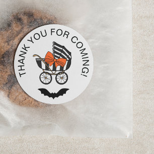 Pegatina Redonda Stroller Naranja Bow Bat Halloween Baby Shower