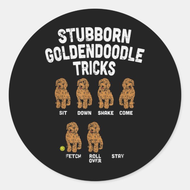 Pegatina Redonda Stubborn Goldendoodle Tricks, divertido entrenador (Anverso)