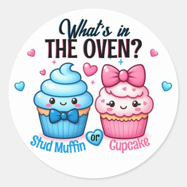 Pegatina Redonda Stud Muffin o Cupcake Género rosa o azul revelació (Anverso)
