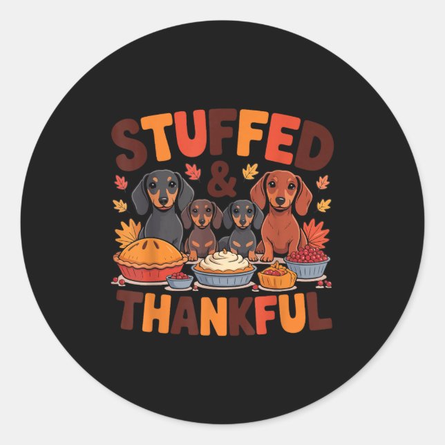 Pegatina Redonda Stuffed And Thankful Dachshund Funny Thanksgiving  (Anverso)