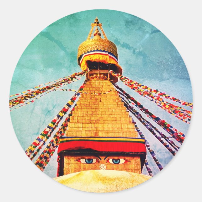 Pegatina Redonda Stupa Boudhanath, ojos budistas, himalayas, Nepal (Anverso)