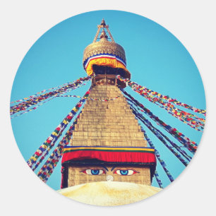 Pegatina Redonda Stupa Boudhanath, ojos de Buda, Himalayas, Nepal