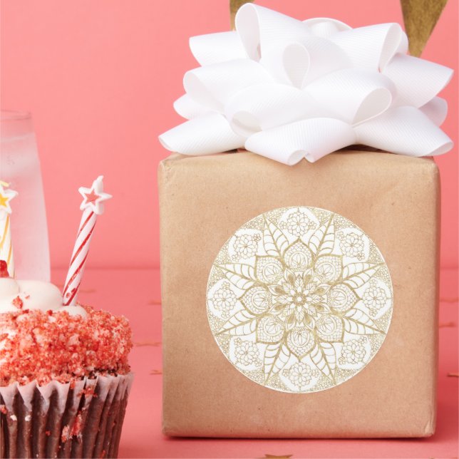 Pegatina Redonda Stylish Boho White Gold Mandala Floral (Fiesta)