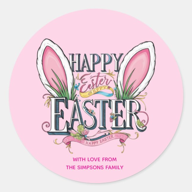 Pegatina Redonda Stylish bunny ears pink Happy Easter (Anverso)
