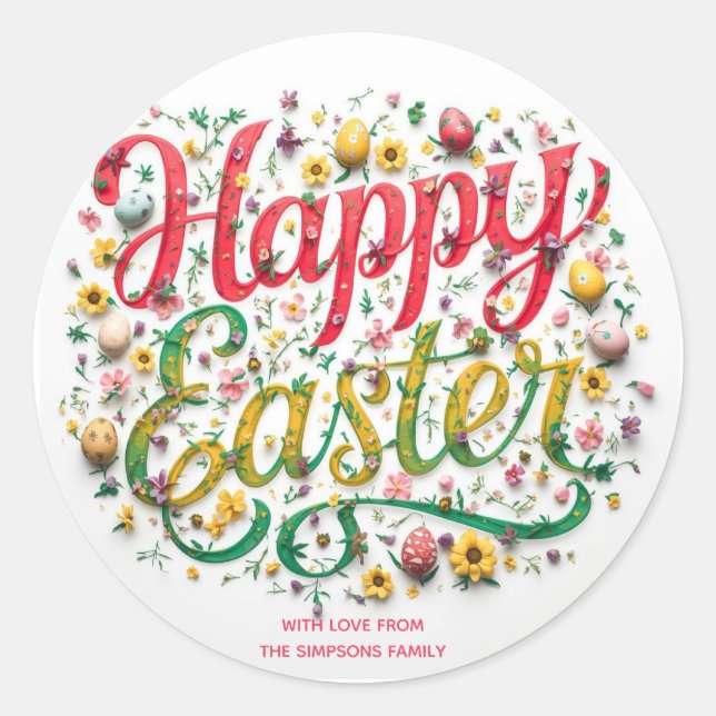 Pegatina Redonda Stylish Colorful Floral Happy Easter (Anverso)