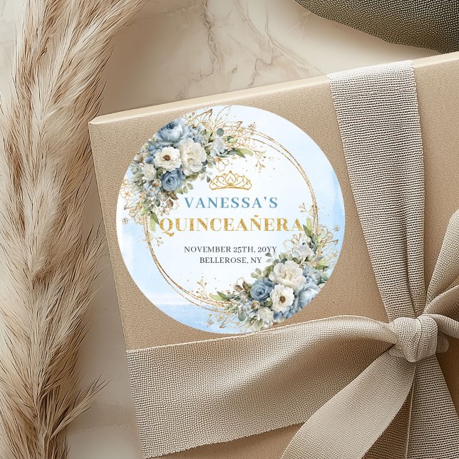 Pegatina Redonda Stylish Pastel Blue Gold Eucalyptus Quinceañera  (Stylish Pastel Blue Gold Eucalyptus Quinceañera Sticker)