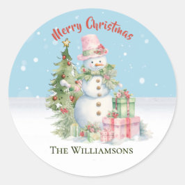 Pegatina Redonda Stylish Snowman (Lady) Watercolor Christmas Tree 
