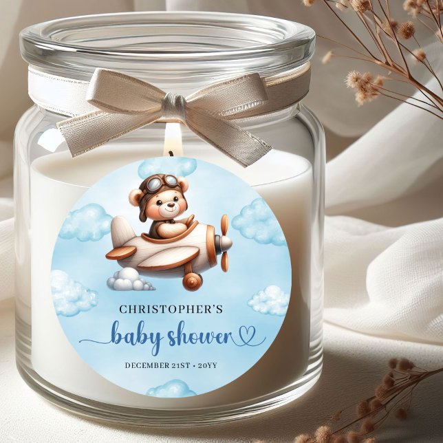 Pegatina Redonda Stylish Teddy Bear Pilot Airplane Blue Brown Baby  (Stylish Teddy Bear Pilot Airplane Blue Brown Baby Shower Sticker

)
