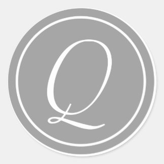 Pegatina Redonda Su carta, Monograma Q, Gris inicial