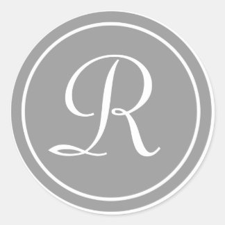 Pegatina Redonda Su carta, monograma R, gris inicial