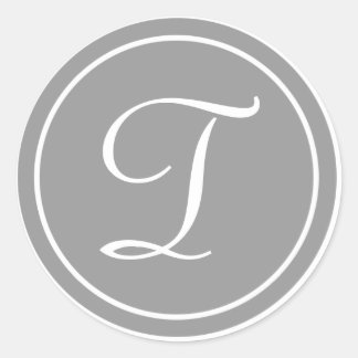 Pegatina Redonda Su carta, monograma T, gris inicial