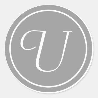 Pegatina Redonda Su carta, Monograma U, Gris inicial