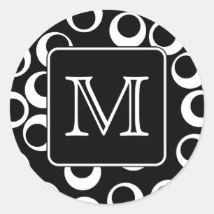 Pegatina Redonda Su letra. Monograma blanco y negro. Modelo de la