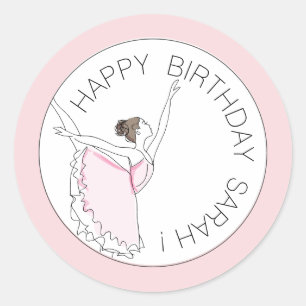 Pegatina Redonda Su Nombre Aquí Ballerina Rosa Feliz Cumpleaños