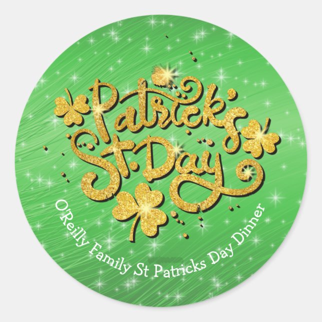 Pegatina Redonda Su Nombre Mensaje St Patricks Day Gold Shamrock (Anverso)