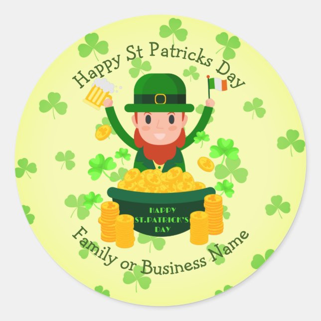 Pegatina Redonda Su Nombre Mensaje St Patricks Day Leprechaun Gold (Anverso)
