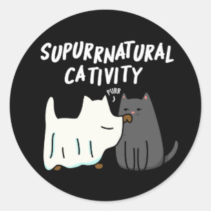 Pegatina Redonda Su-purr-natural Catividad Funny Cat Pun Dark BG