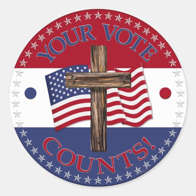Pegatina Redonda Su voto cuenta con la bandera de la Cruz y Estados (Anverso)