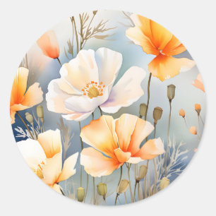 Pegatina Redonda Suave fondo soñado con flores de amapola