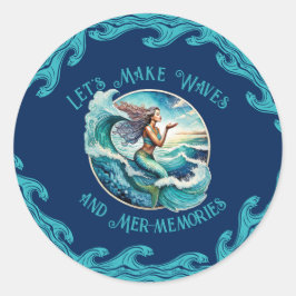 Pegatina Redonda ¡Sube las olas: Recuerdos de la sirena te esperan!