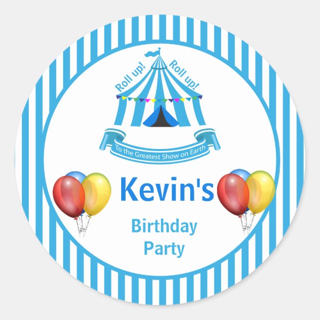Pegatina Redonda ¡Sube! ¡Sube! Partido de cumpleaños Circo Azul (Anverso)