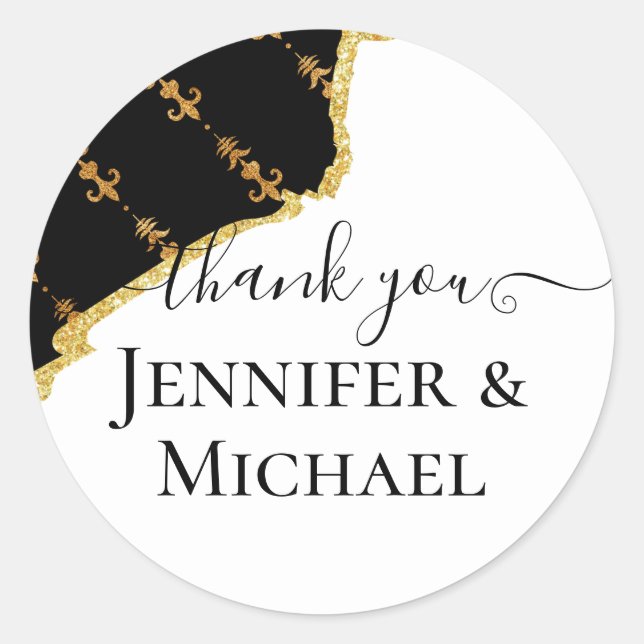 Pegatina Redonda Sublime Negro Oro Fleur De Lys Boda (Anverso)