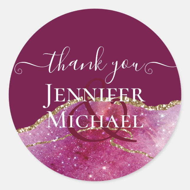 Pegatina Redonda Sublime Rosa AGATA Glitter Dorado Boda Chic (Anverso)