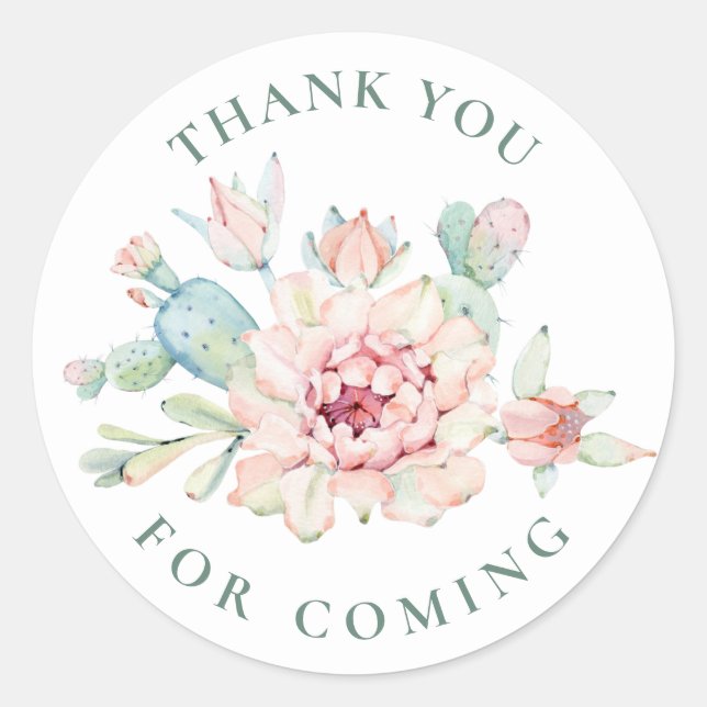Pegatina Redonda Succulent Thank You | Floral Cactus Baby Shower (Anverso)