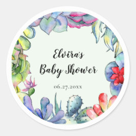 Pegatina Redonda Suculento cactus acuarela Baby Shower
