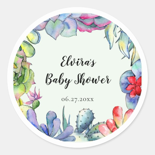 Pegatina Redonda Suculento cactus acuarela Baby Shower (Anverso)