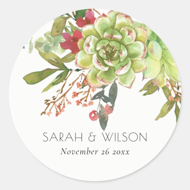 Pegatina Redonda Suculento Cactus del Desierto Rojo Floral Acuarela (Anverso)