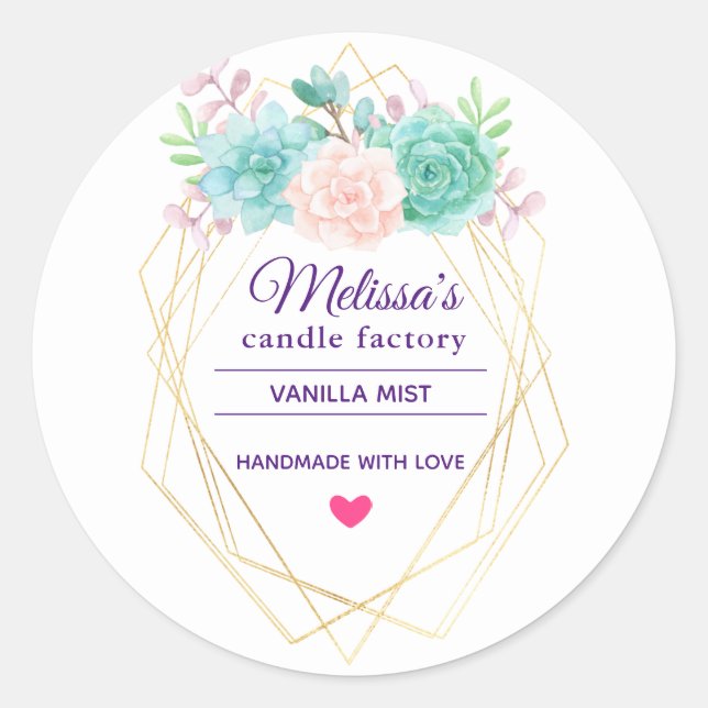 Pegatina Redonda Suculento Jabón de Velas Rosa y Verde (Anverso)