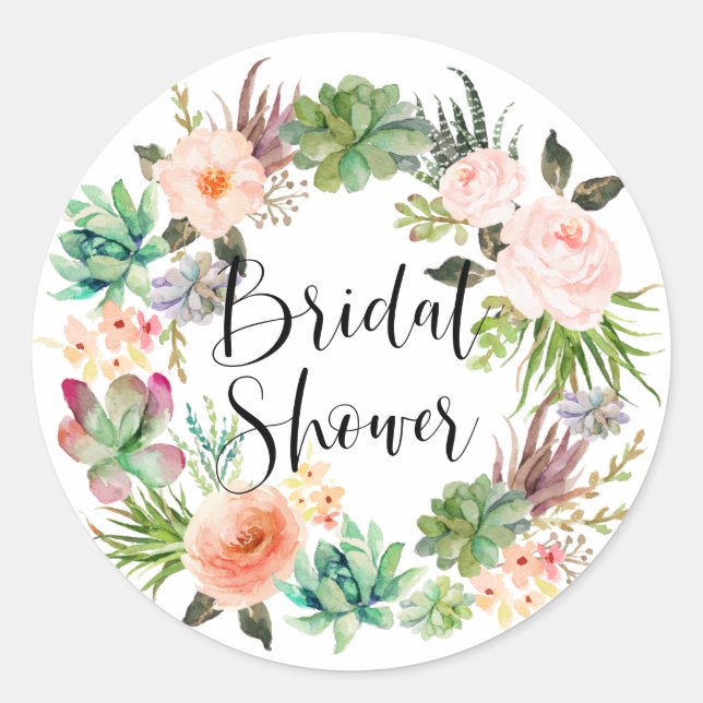Pegatina Redonda Sucultores Floral Boho Wreath Bridal Shower (Anverso)