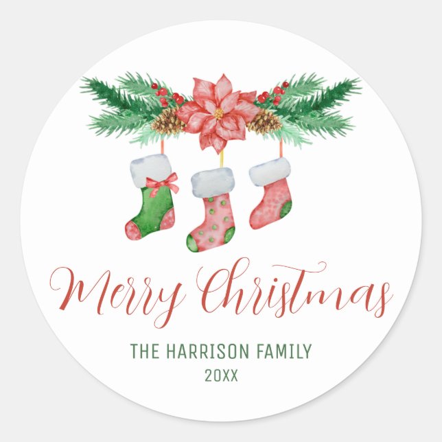 Pegatina Redonda Sucursales De Par Con Calcetines De Navidad (Anverso)