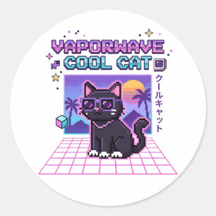 Pegatina Redonda Sudadera con capucha gráfica de gato genial Vaporw