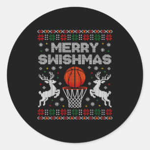 Pegatina Redonda Sudadera fea de Navidad de baloncesto Merry Swishm
