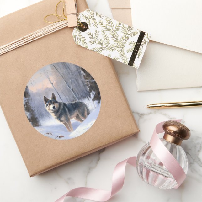 Pegatina Redonda Sueco Vallhund deja que nieve Navidades (Regalar)