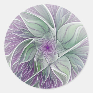 Pegatina Redonda Sueño de Flor, Arte Fractal Abstracto Verde Púrpur
