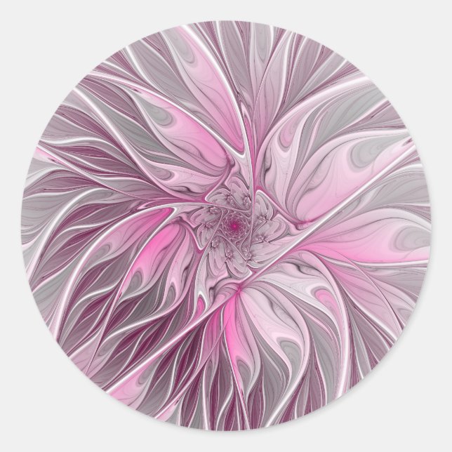 Pegatina Redonda Sueño de flores rosadas fractales, patrón de fanta (Anverso)