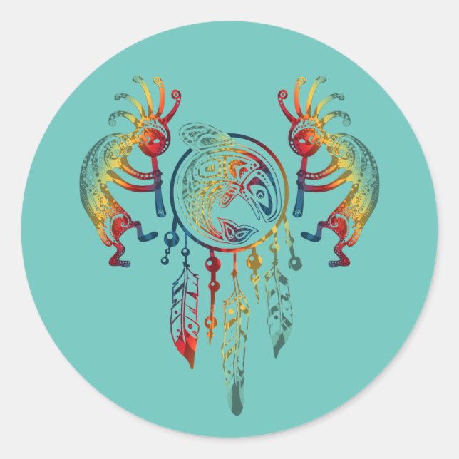 Pegatina Redonda Sueño nativo americano de ballena Kokopelli 1 (Anverso)