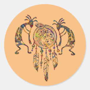 Pegatina Redonda Sueño nativo americano de ballena Kokopelli 2