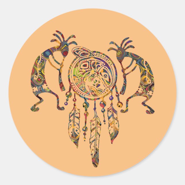 Pegatina Redonda Sueño nativo americano de ballena Kokopelli 2 (Anverso)
