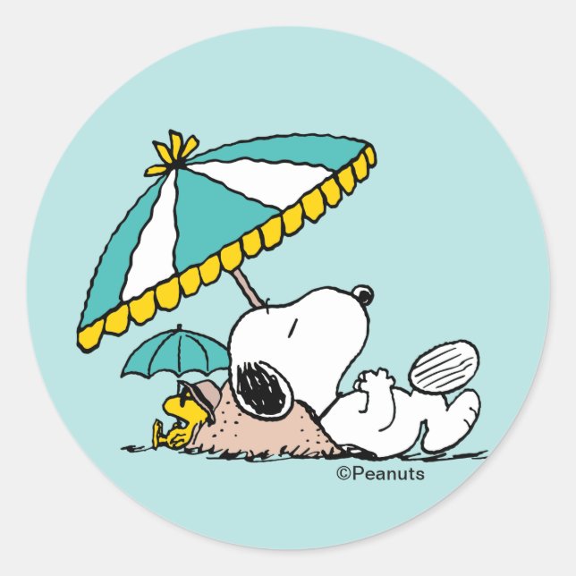 Pegatina Redonda Sueños de Snoopy en la Playa (Anverso)